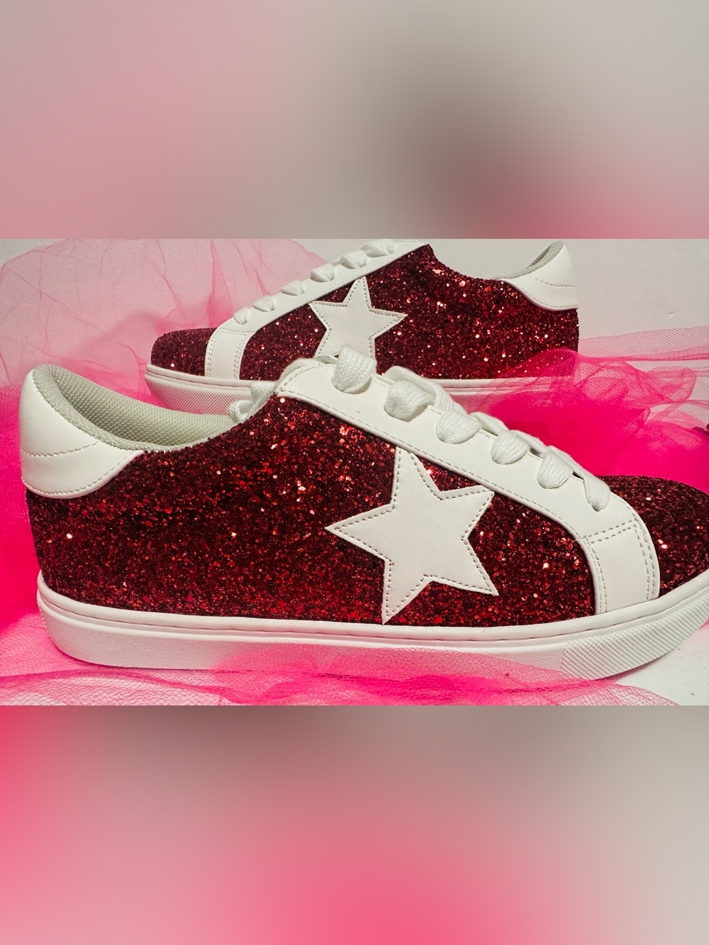 Red Glitter Star Low-Top Sneakers - Picture 2 of 4